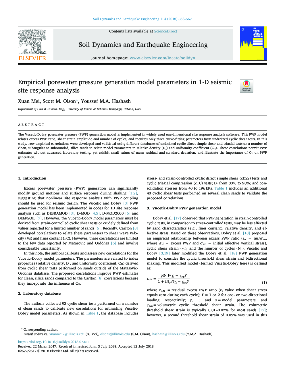 Empirical porewater pressure generation model parameters in 1-D seismic site response analysis