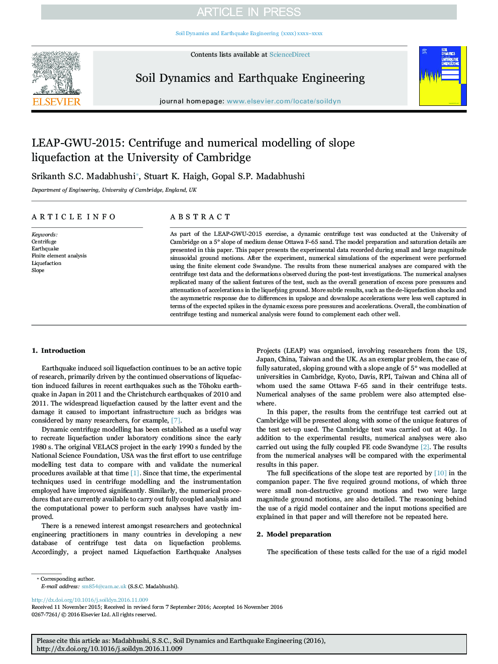 LEAP-GWU-2015: Centrifuge and numerical modelling of slope liquefaction at the University of Cambridge