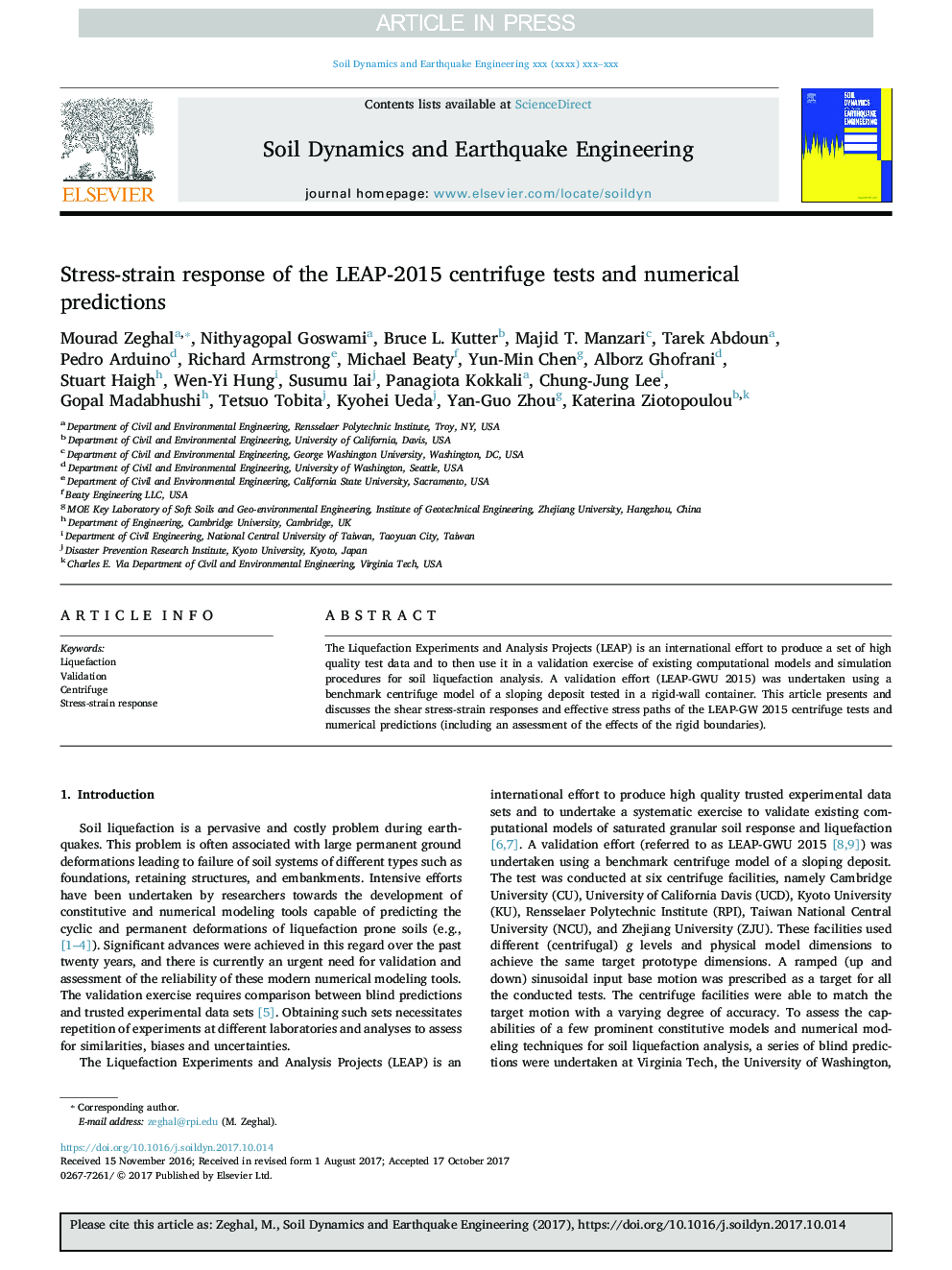 Stress-strain response of the LEAP-2015 centrifuge tests and numerical predictions