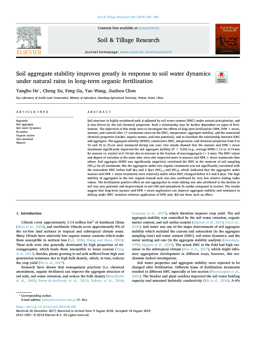 Soil aggregate stability improves greatly in response to soil water dynamics under natural rains in long-term organic fertilization