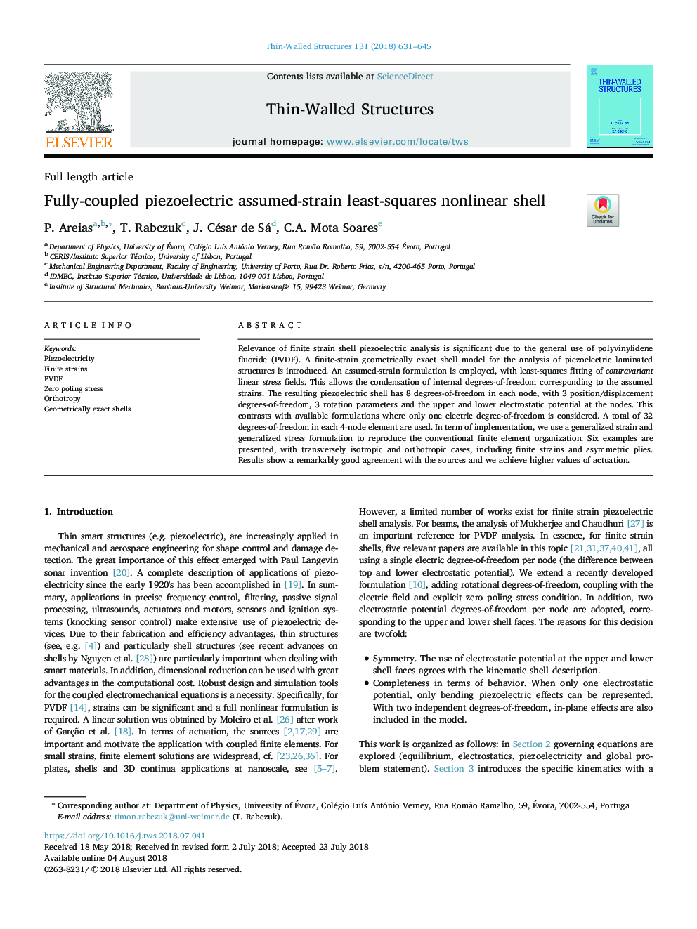 Fully-coupled piezoelectric assumed-strain least-squares nonlinear shell