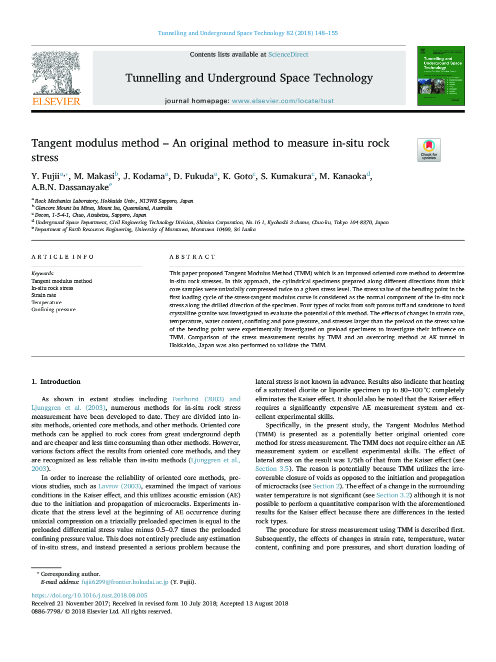 Tangent modulus method - An original method to measure in-situ rock stress