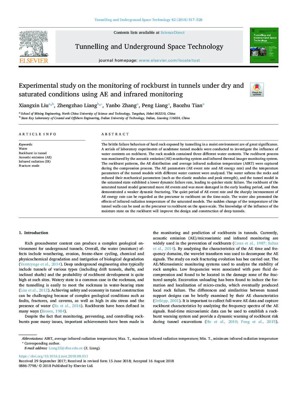 Experimental study on the monitoring of rockburst in tunnels under dry and saturated conditions using AE and infrared monitoring