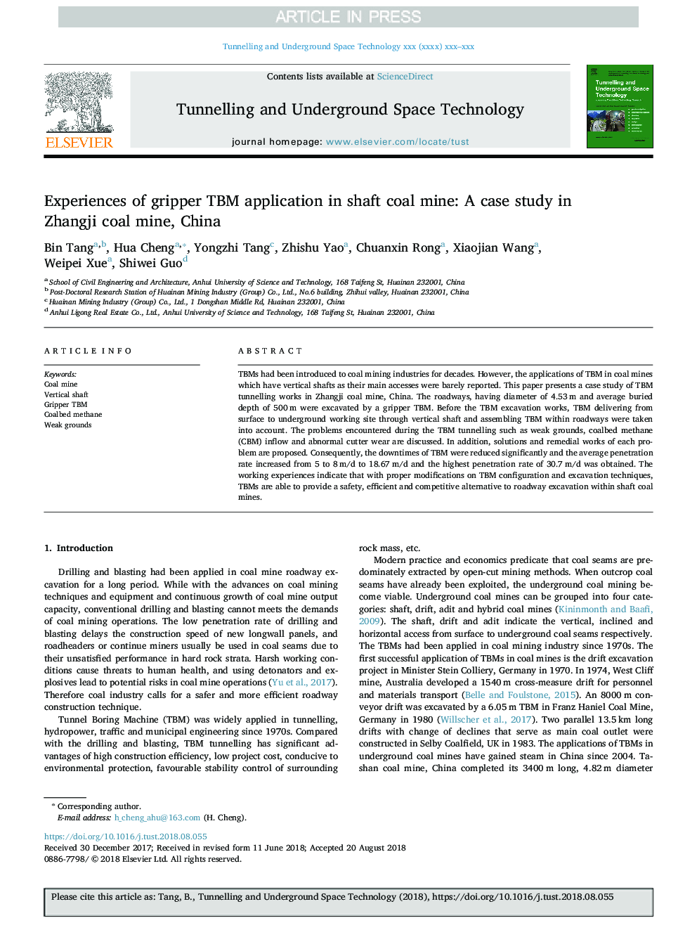 Experiences of gripper TBM application in shaft coal mine: A case study in Zhangji coal mine, China