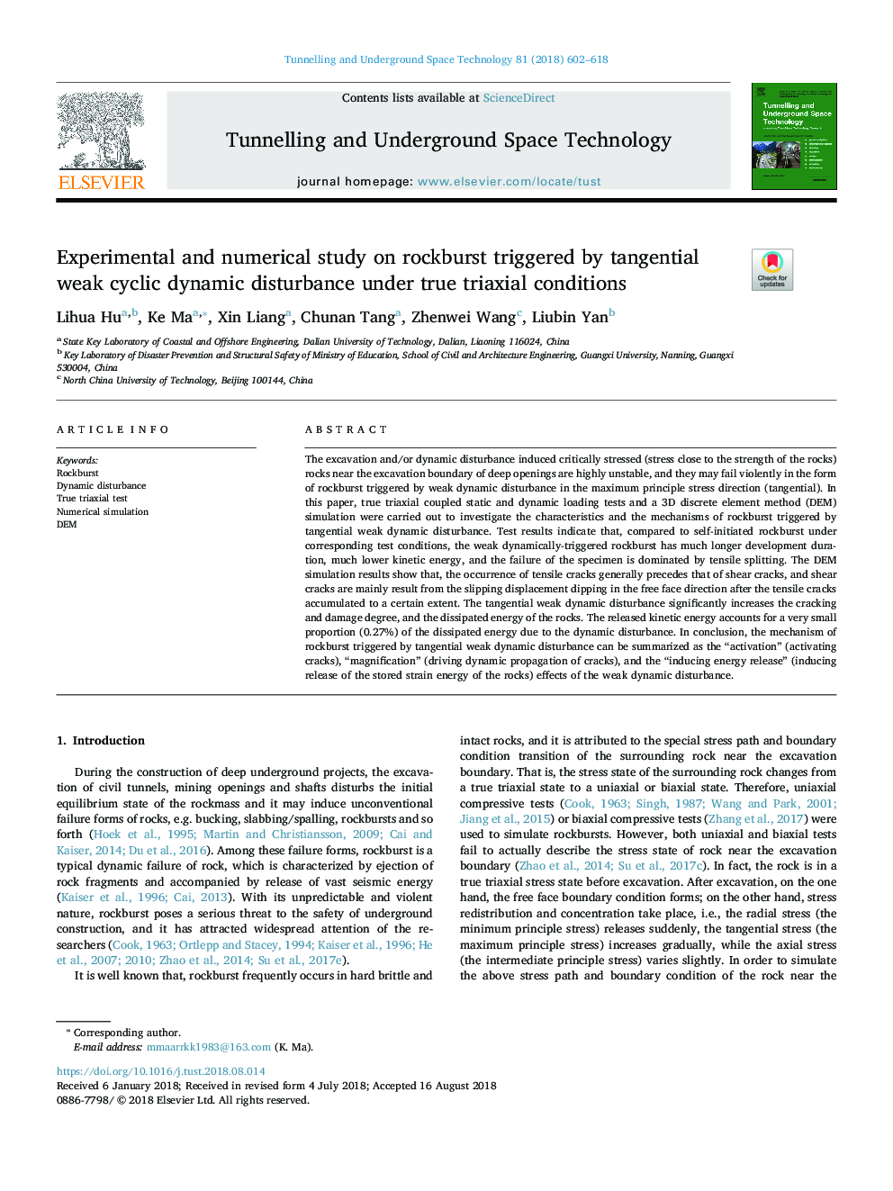 Experimental and numerical study on rockburst triggered by tangential weak cyclic dynamic disturbance under true triaxial conditions