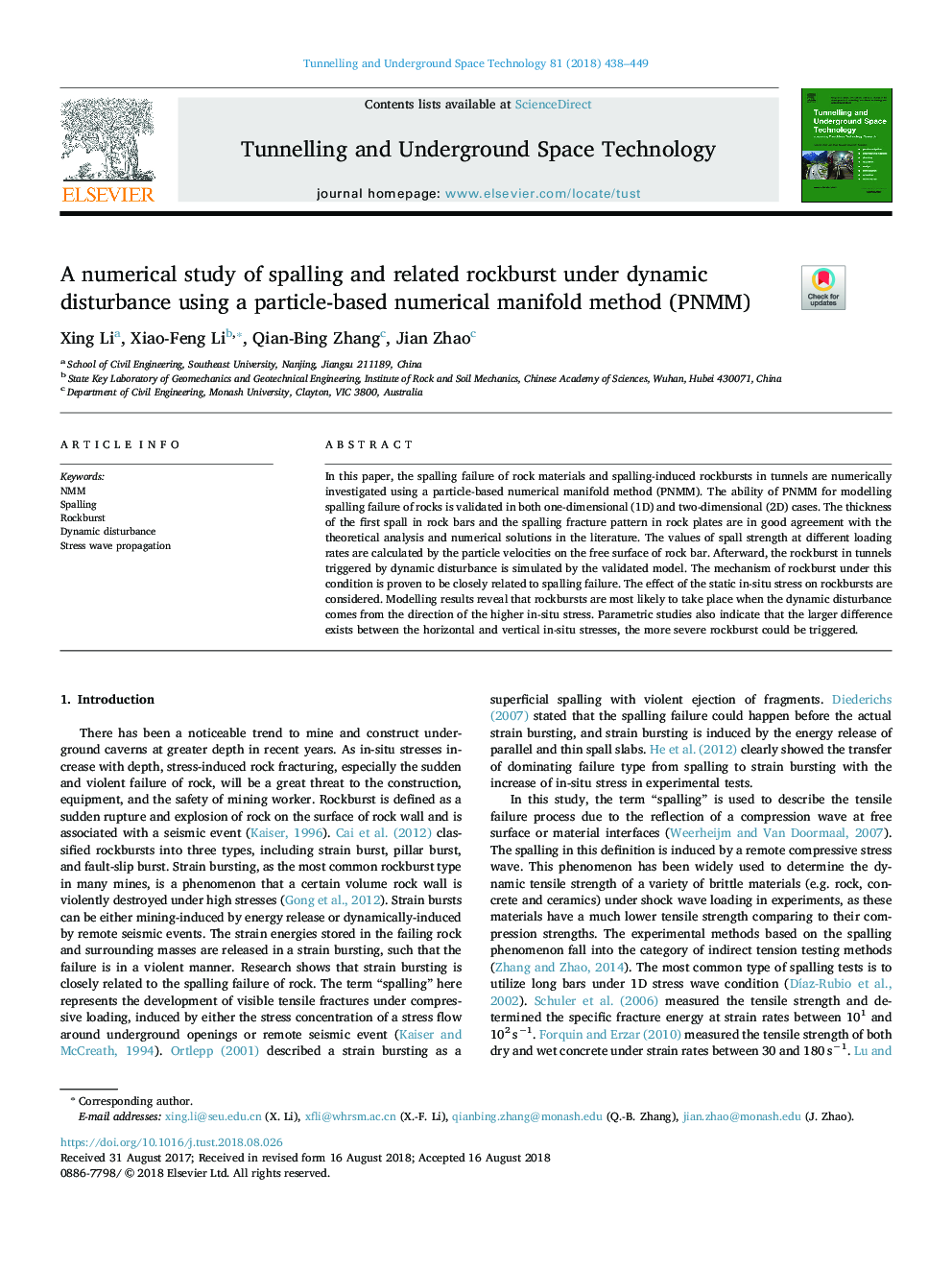 A numerical study of spalling and related rockburst under dynamic disturbance using a particle-based numerical manifold method (PNMM)