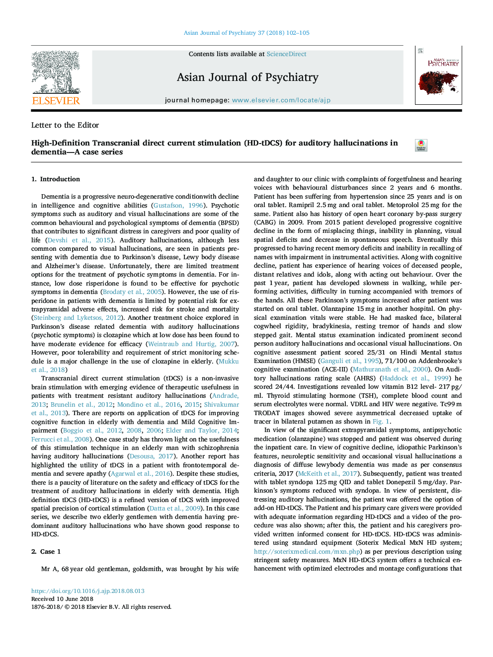 High-Definition Transcranial direct current stimulation (HD-tDCS) for auditory hallucinations in dementia-A case series