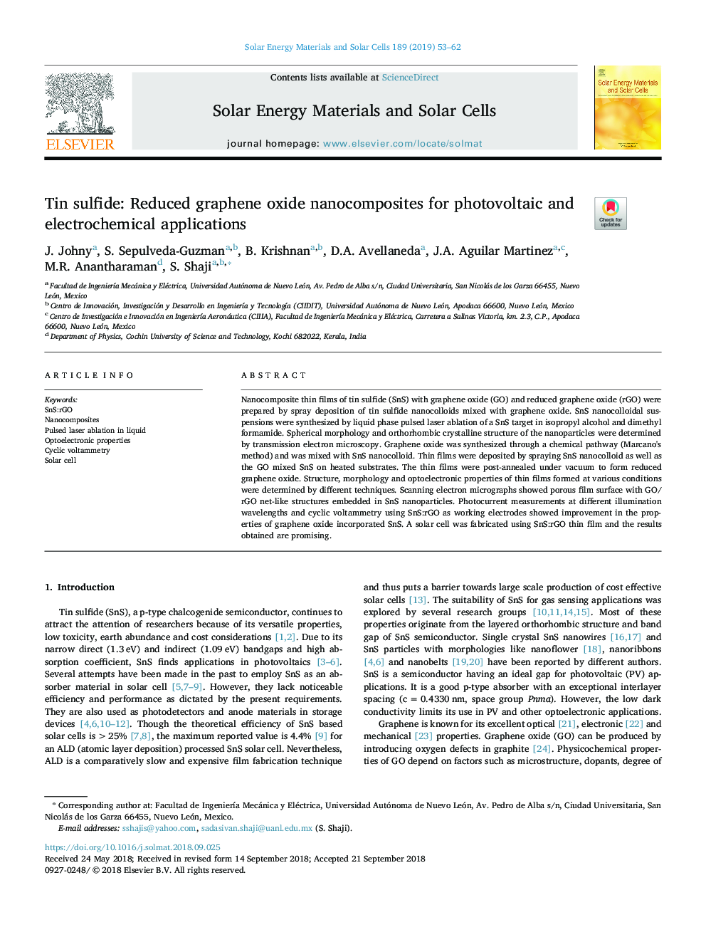سولفید قلع: کاهش نانوکامپوزیت های گرافن اکسید برای کاربردهای فتوولتائیک و الکتروشیمیایی