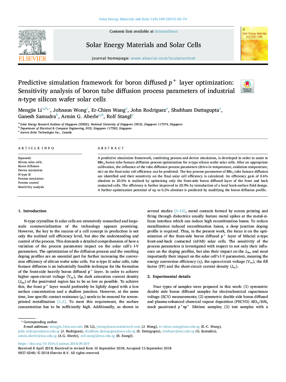 Predictive simulation framework for boron diffused p+ layer optimization: Sensitivity analysis of boron tube diffusion process parameters of industrial n-type silicon wafer solar cells