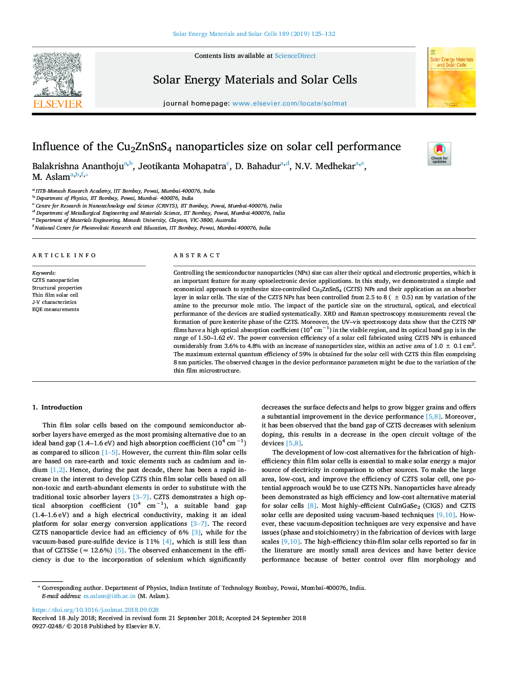 Influence of the Cu2ZnSnS4 nanoparticles size on solar cell performance