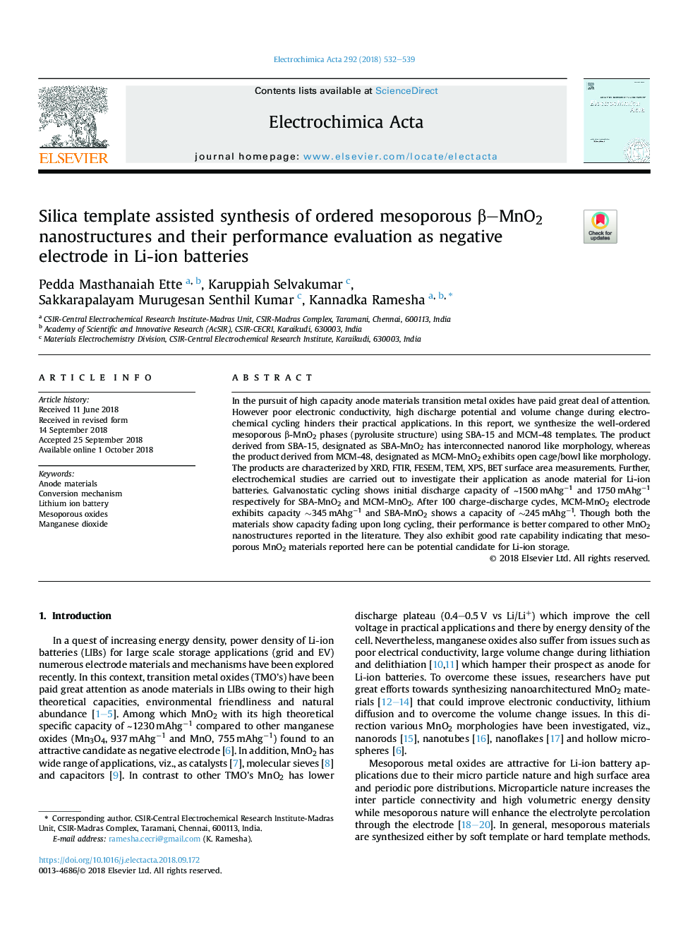 Silica template assisted synthesis of ordered mesoporous Î²-MnO2 nanostructures and their performance evaluation as negative electrode in Li-ion batteries