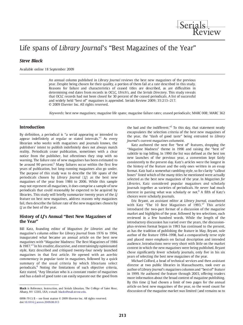 Life spans of Library Journal's “Best Magazines of the Year”