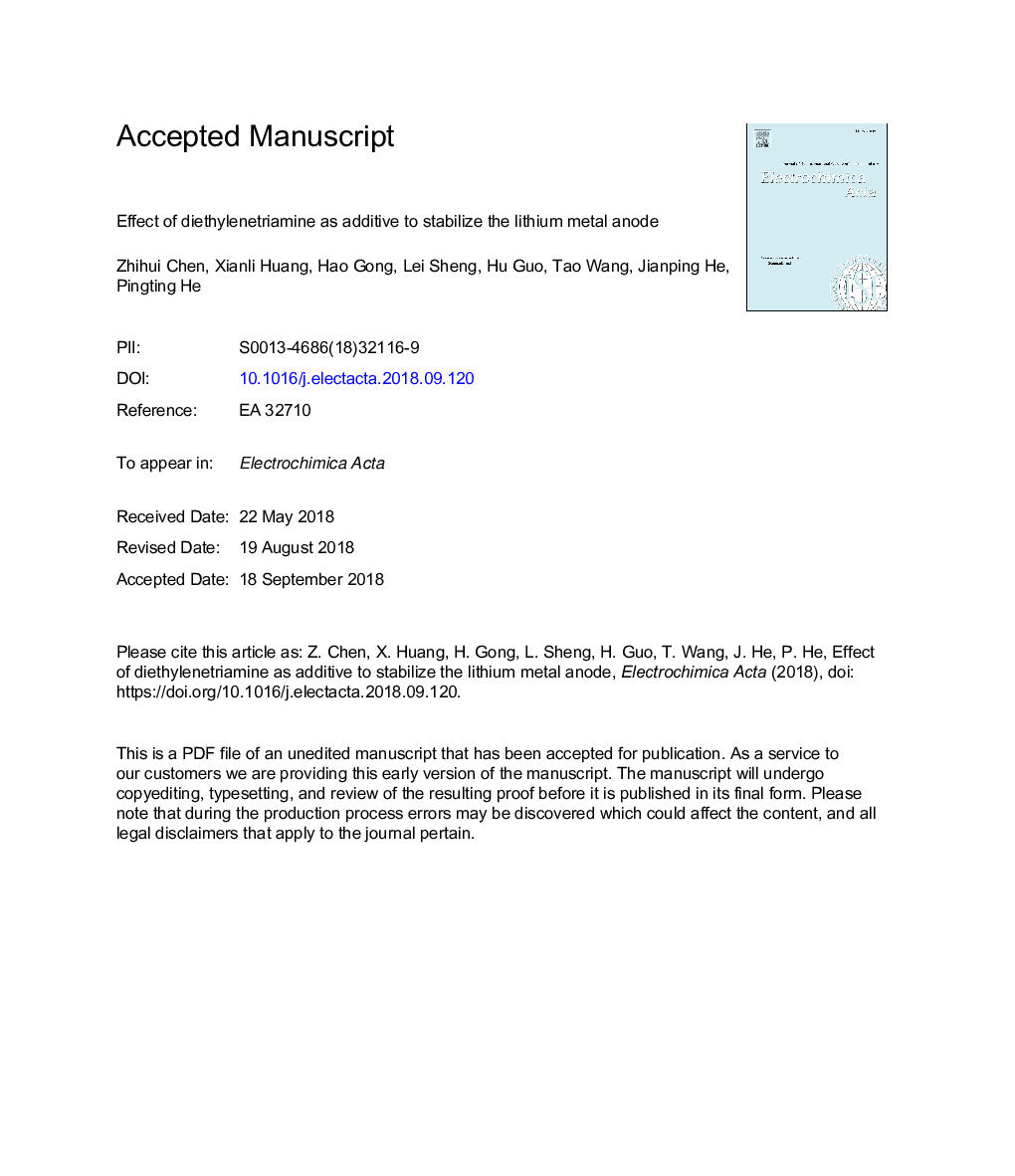 Effect of diethylenetriamine as additive to stabilize the lithium metal anode