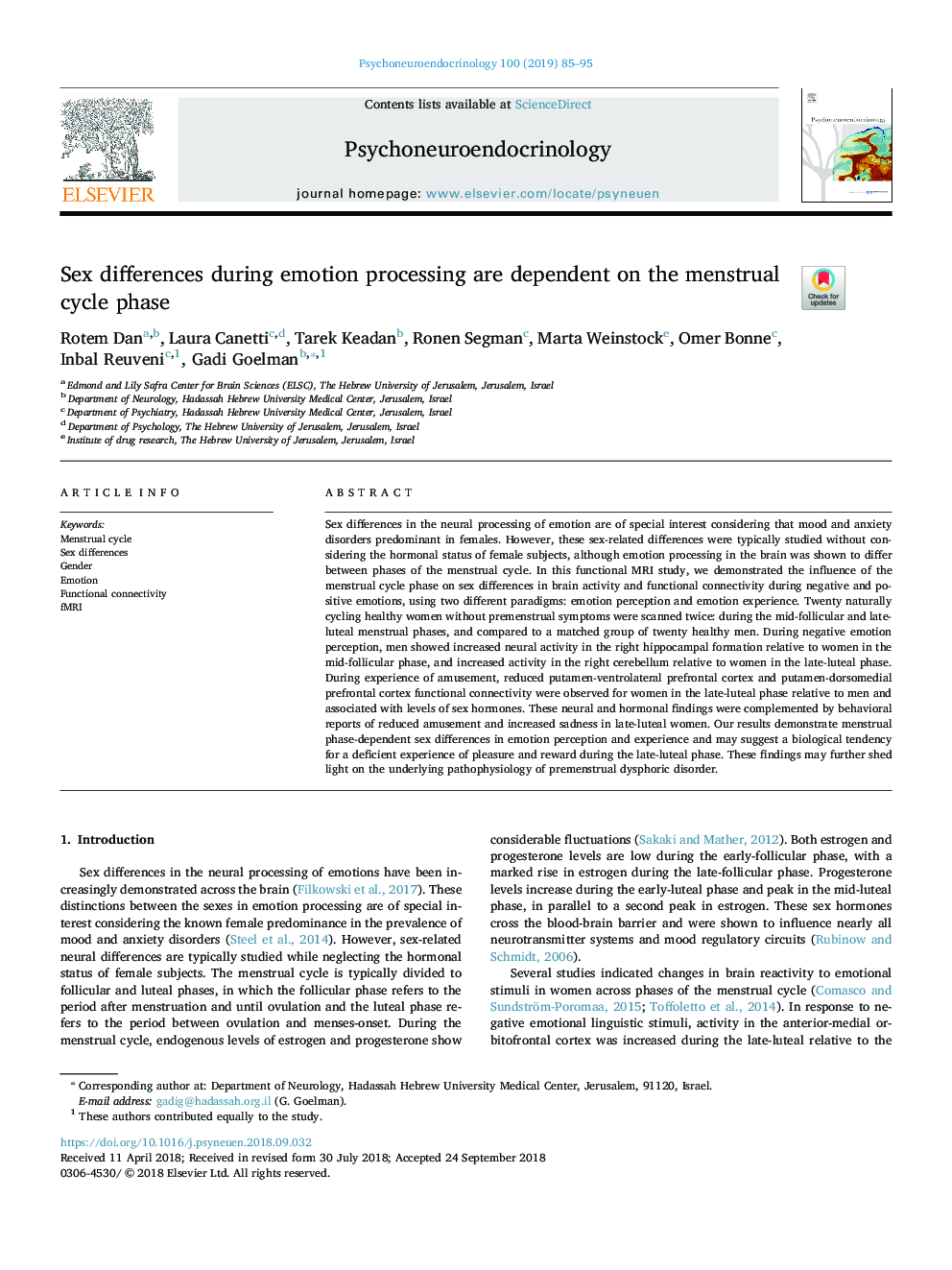 Sex differences during emotion processing are dependent on the menstrual cycle phase