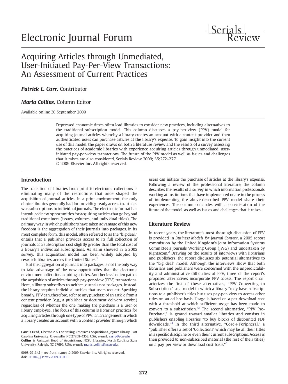 Acquiring Articles through Unmediated, User-Initiated Pay-Per-View Transactions: An Assessment of Current Practices