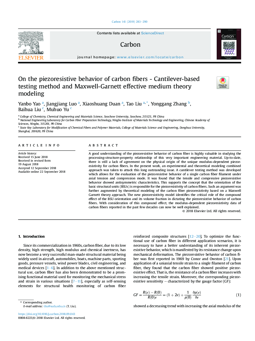 عکس صفحه اول مقاله: On the piezoresistive behavior of carbon fibers - Cantilever-based testing method and Maxwell-Garnett effective medium theory modeling On the piezoresistive behavior of carbon fibers - Cantilever-based testing method and Maxwell-Garnett effective medium theory modeling