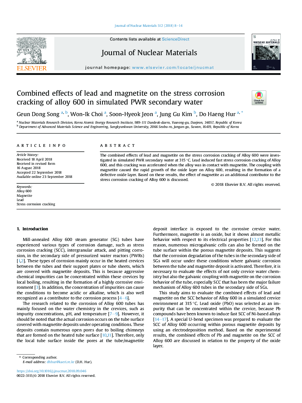 Combined effects of lead and magnetite on the stress corrosion cracking of alloy 600 in simulated PWR secondary water