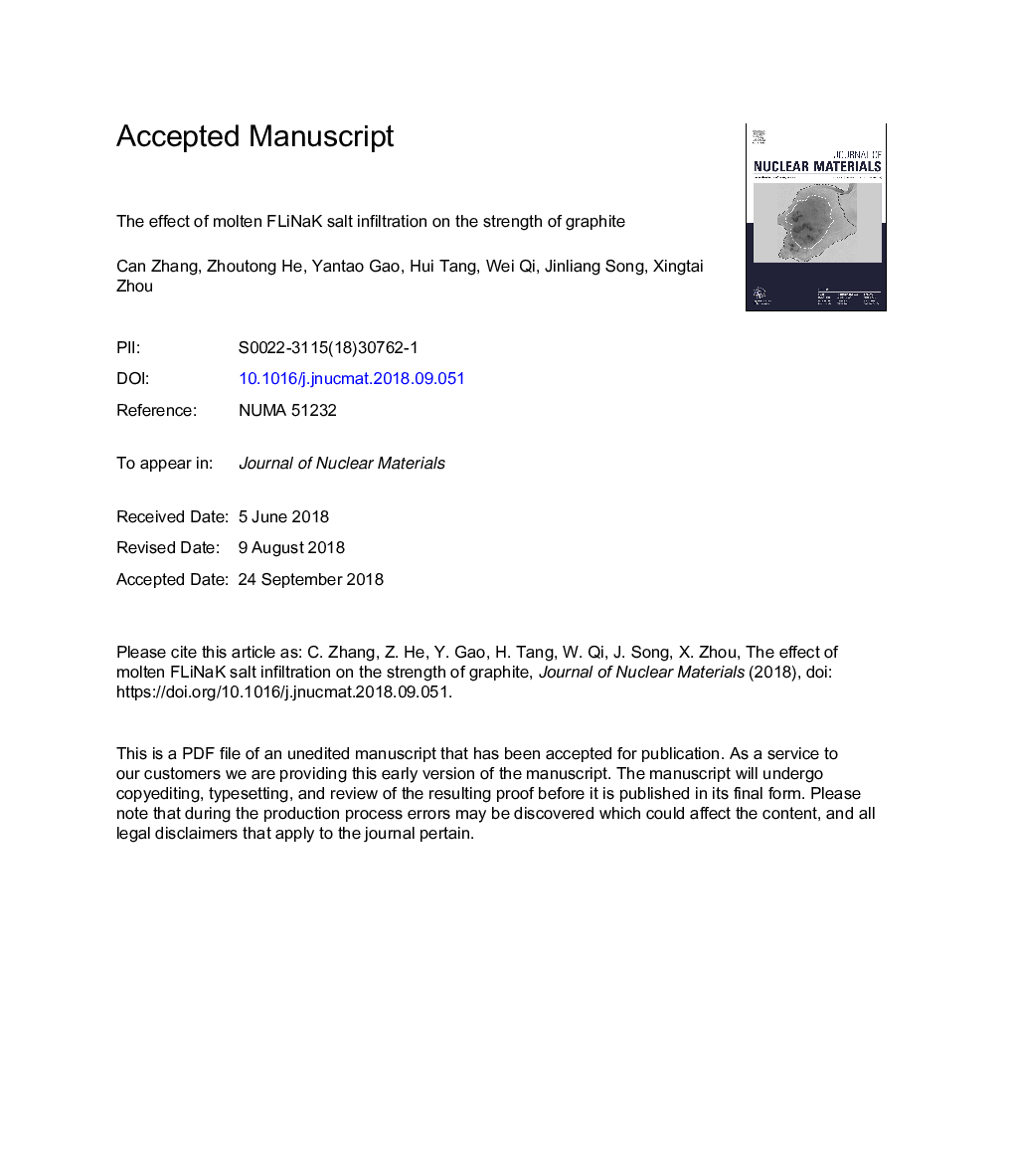 عکس صفحه اول مقاله: The effect of molten FLiNaK salt infiltration on the strength of graphite The effect of molten FLiNaK salt infiltration on the strength of graphite