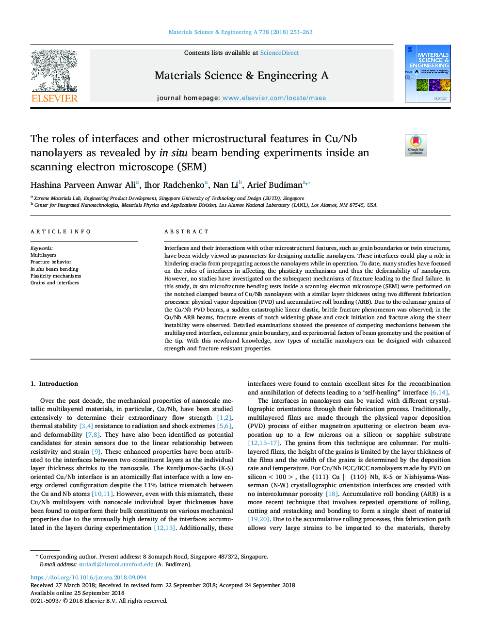 The roles of interfaces and other microstructural features in Cu/Nb nanolayers as revealed by in situ beam bending experiments inside an scanning electron microscope (SEM)