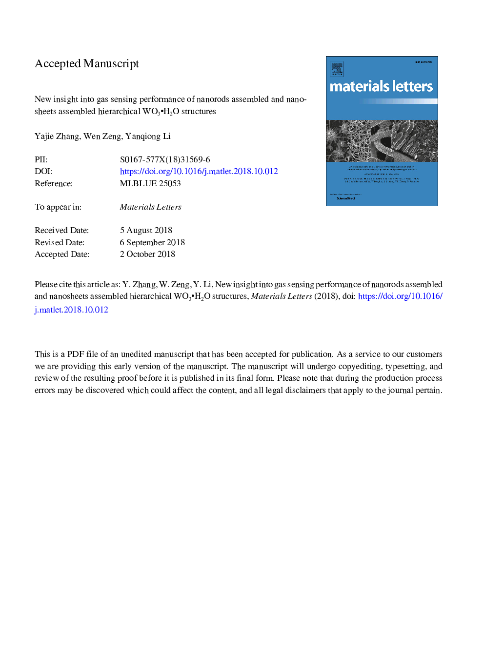 New insight into gas sensing performance of nanorods assembled and nanosheets assembled hierarchical WO3Â·H2O structures