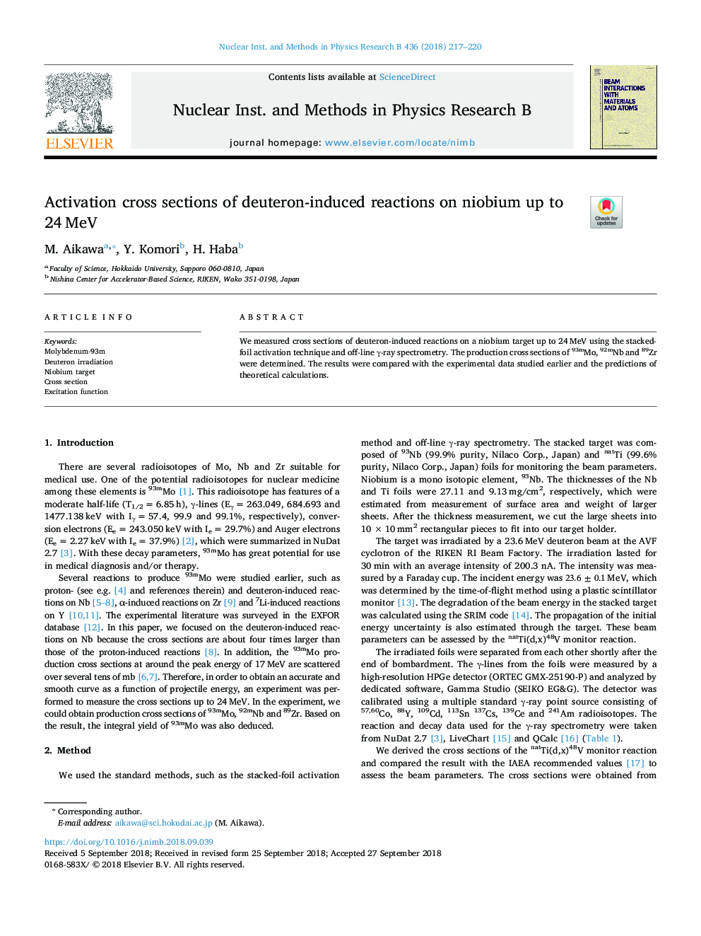 Activation cross sections of deuteron-induced reactions on niobium up to 24â¯MeV