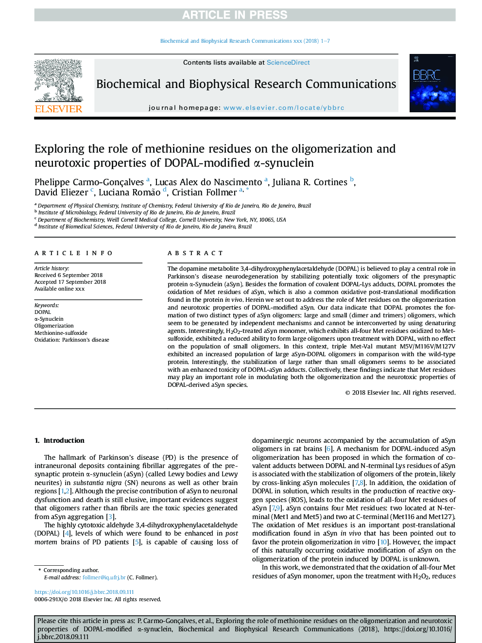 Exploring the role of methionine residues on the oligomerization and neurotoxic properties of DOPAL-modified Î±-synuclein