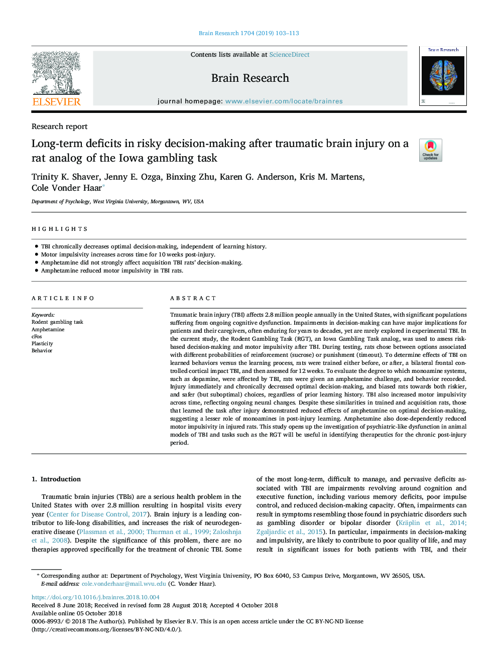 Long-term deficits in risky decision-making after traumatic brain injury on a rat analog of the Iowa gambling task