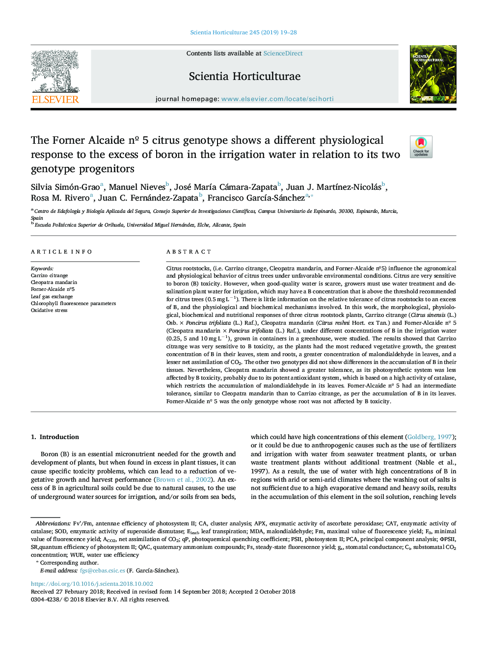The Forner Alcaide nÂº 5 citrus genotype shows a different physiological response to the excess of boron in the irrigation water in relation to its two genotype progenitors