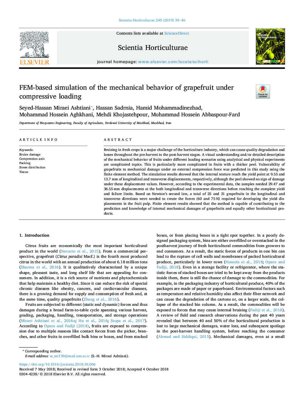 FEM-based simulation of the mechanical behavior of grapefruit under compressive loading