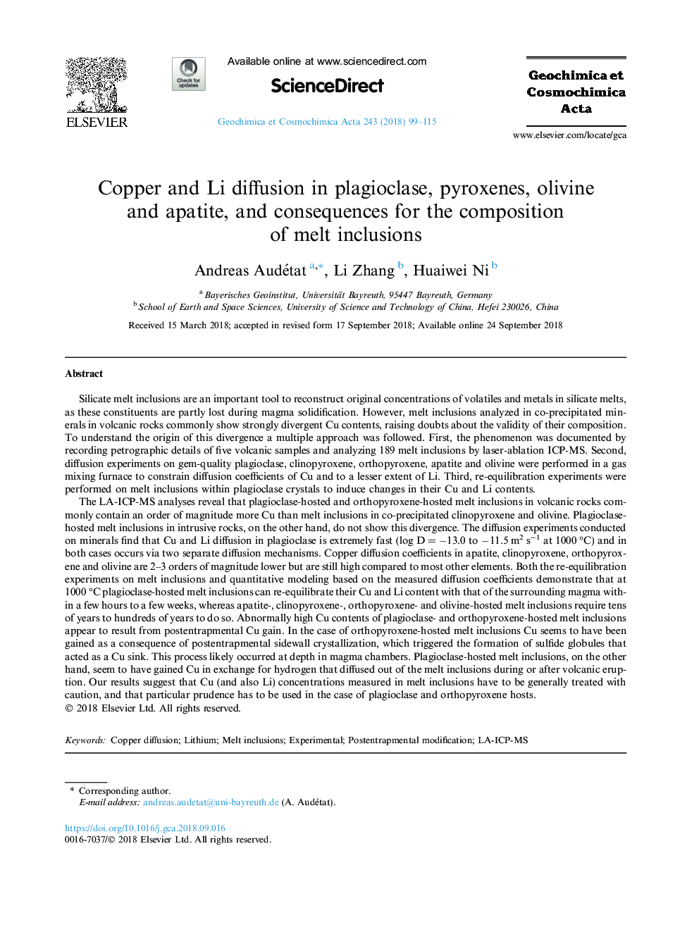 Copper and Li diffusion in plagioclase, pyroxenes, olivine and apatite, and consequences for the composition of melt inclusions