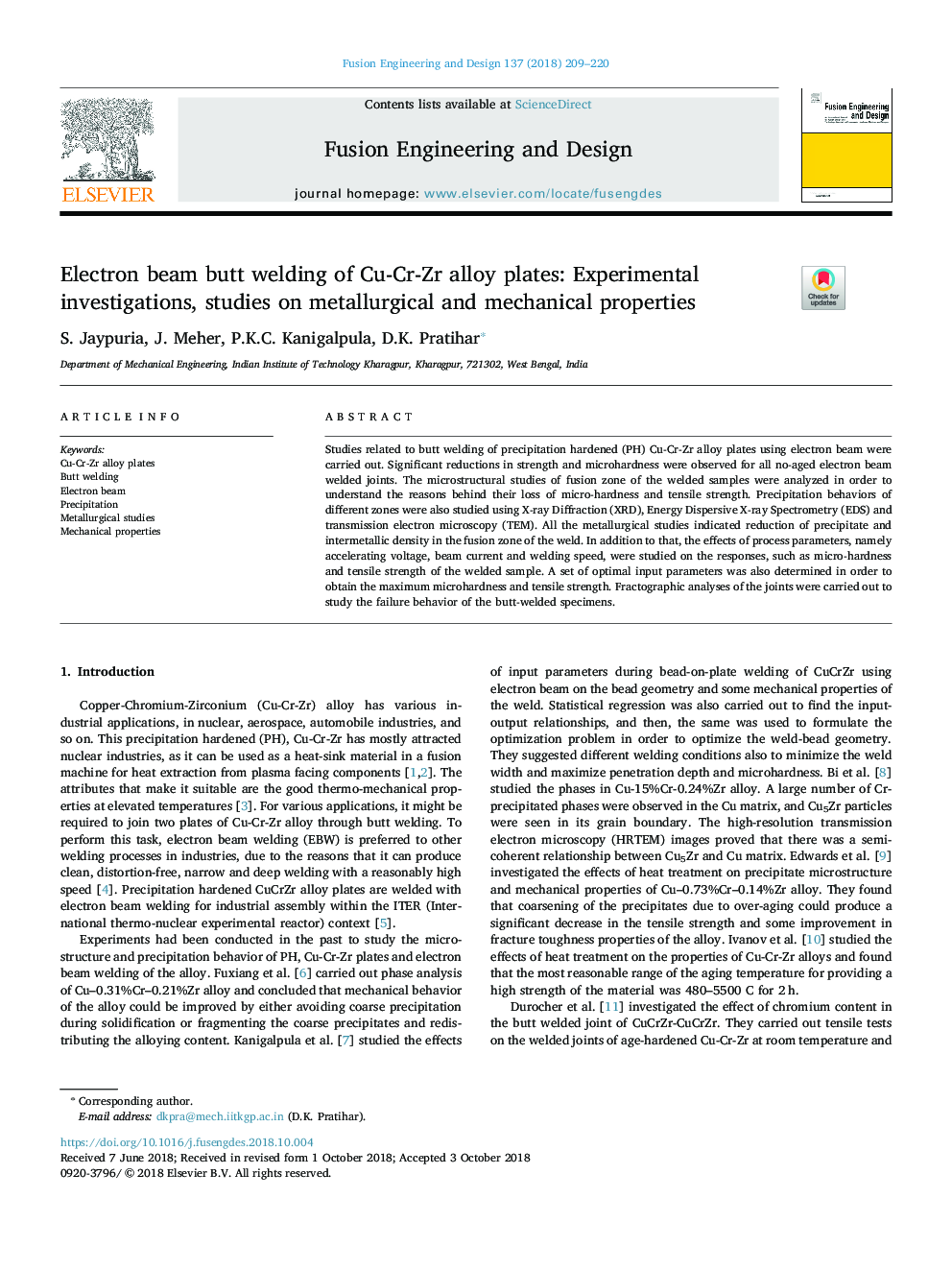 Electron beam butt welding of Cu-Cr-Zr alloy plates: Experimental investigations, studies on metallurgical and mechanical properties