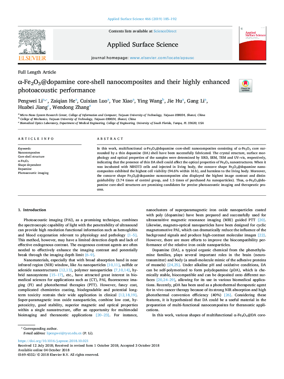 Î±-Fe2O3@dopamine core-shell nanocomposites and their highly enhanced photoacoustic performance