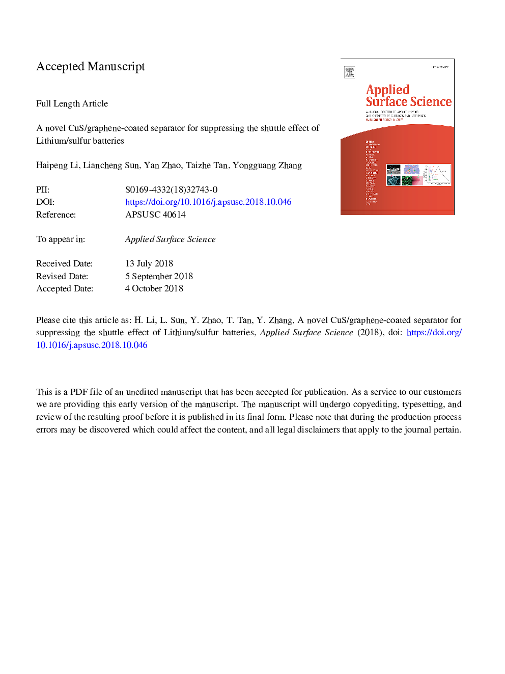 A novel CuS/graphene-coated separator for suppressing the shuttle effect of lithium/sulfur batteries