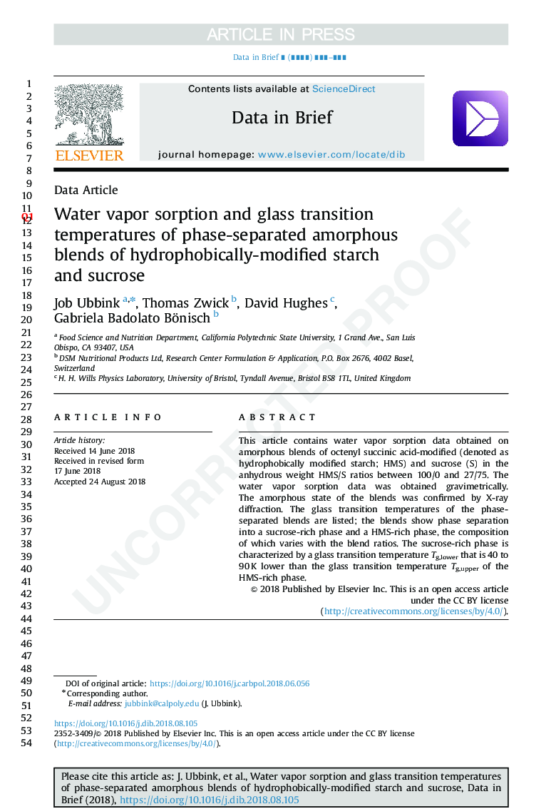 Water vapor sorption and glass transition temperatures of phase-separated amorphous blends of hydrophobically-modified starch and sucrose