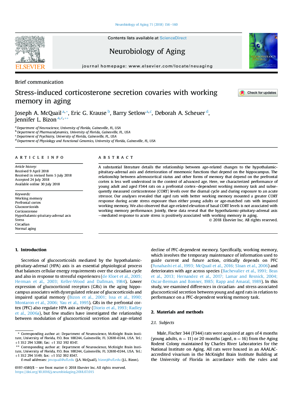 Stress-induced corticosterone secretion covaries with working memory in aging