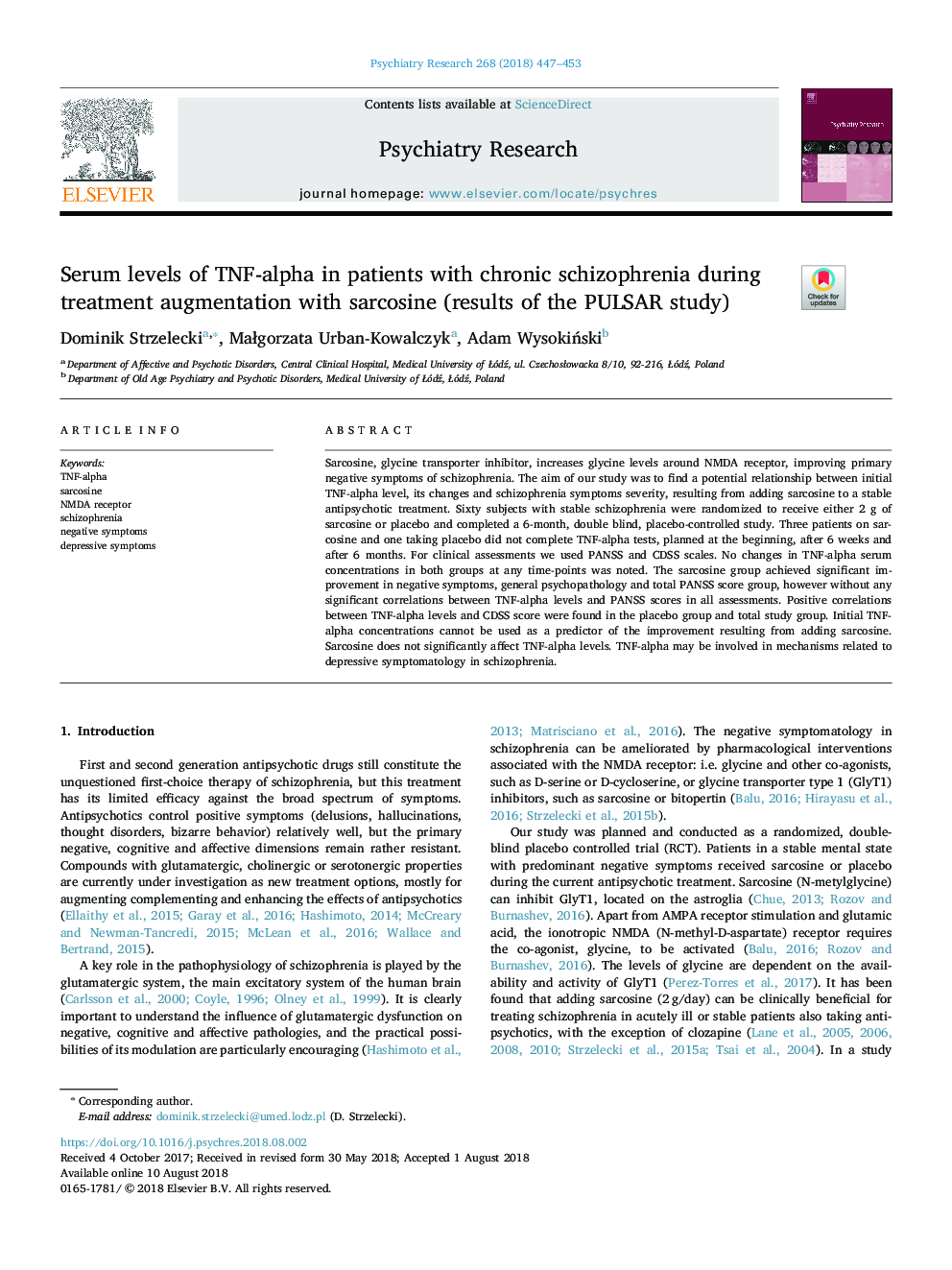 Serum levels of TNF-alpha in patients with chronic schizophrenia during treatment augmentation with sarcosine (results of the PULSAR study)