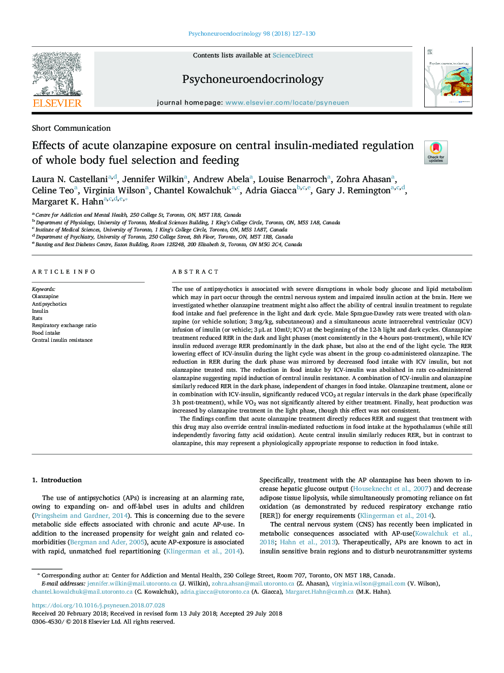 Effects of acute olanzapine exposure on central insulin-mediated regulation of whole body fuel selection and feeding