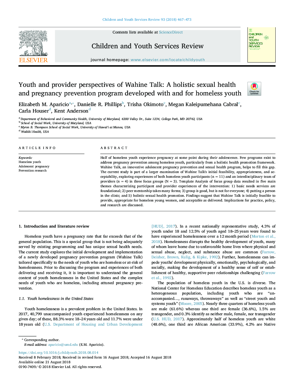 Youth and provider perspectives of Wahine Talk: A holistic sexual health and pregnancy prevention program developed with and for homeless youth