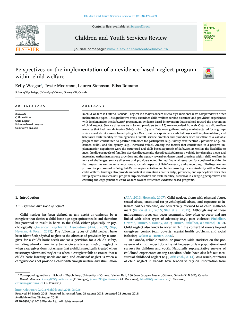 Perspectives on the implementation of an evidence-based neglect program within child welfare
