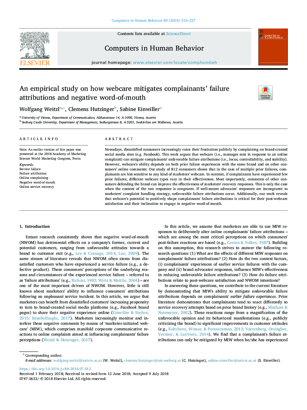 An empirical study on how webcare mitigates complainants' failure attributions and negative word-of-mouth