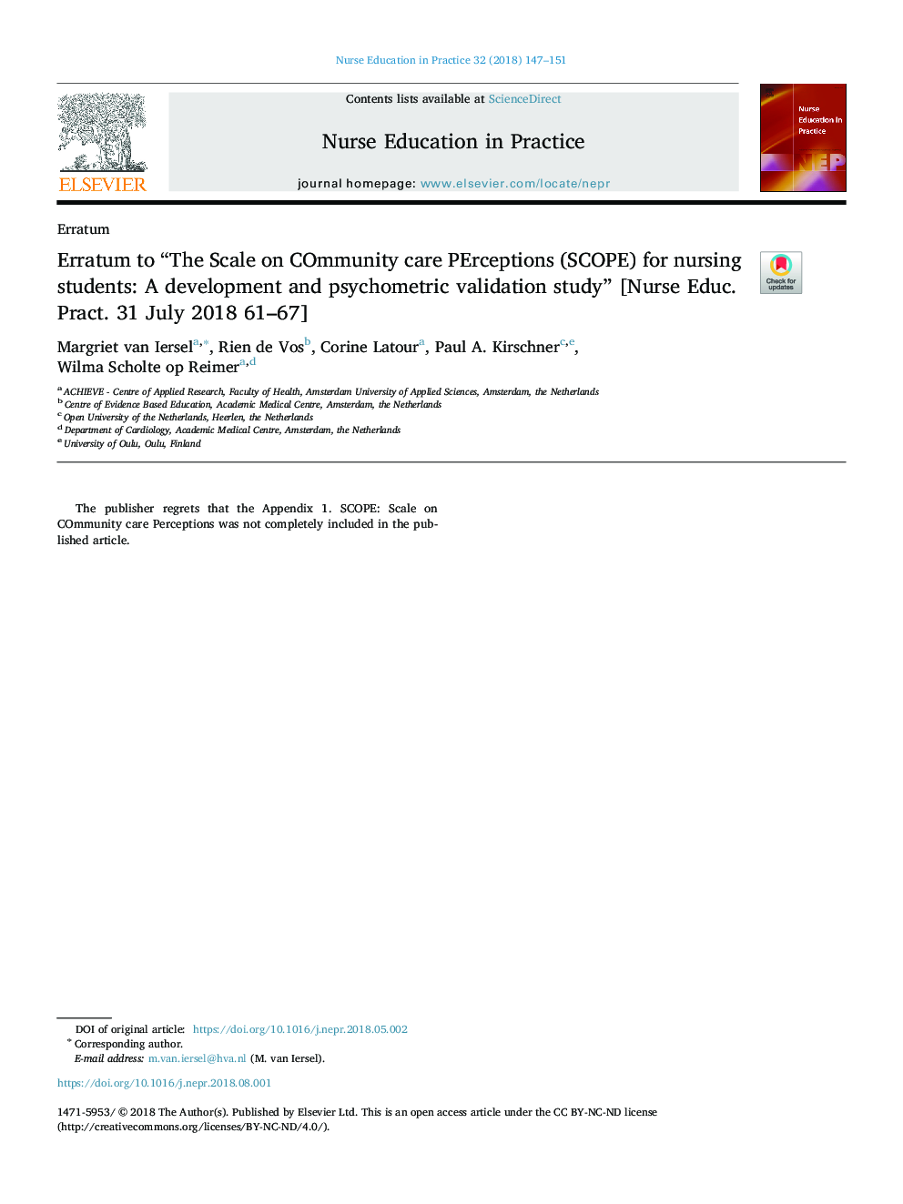 Erratum to “The Scale on COmmunity care PErceptions (SCOPE) for nursing students: A development and psychometric validation study” [Nurse Educ. Pract. 31 July 2018 61-67]
