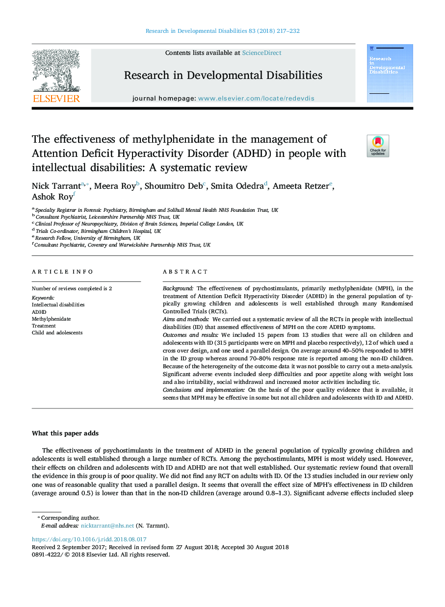 The effectiveness of methylphenidate in the management of Attention Deficit Hyperactivity Disorder (ADHD) in people with intellectual disabilities: A systematic review