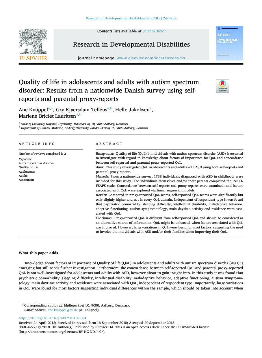 کیفیت زندگی در نوجوانان و بزرگسالان مبتلا به اختلال طیف اوتیسم: نتایج یک بررسی در سراسر کشور دانمارک با استفاده از خود گزارش و پروکسی گزارش های والدین