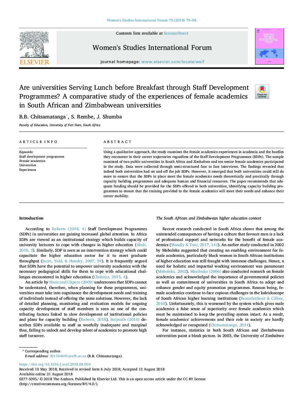 Are universities Serving Lunch before Breakfast through Staff Development Programmes? A comparative study of the experiences of female academics in South African and Zimbabwean universities