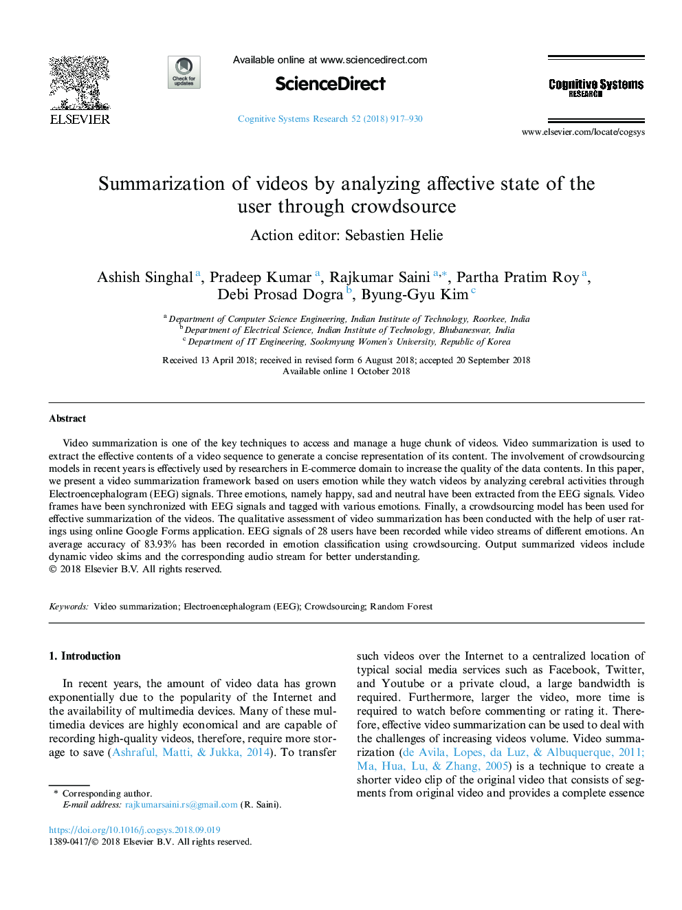 Summarization of videos by analyzing affective state of the user through crowdsource