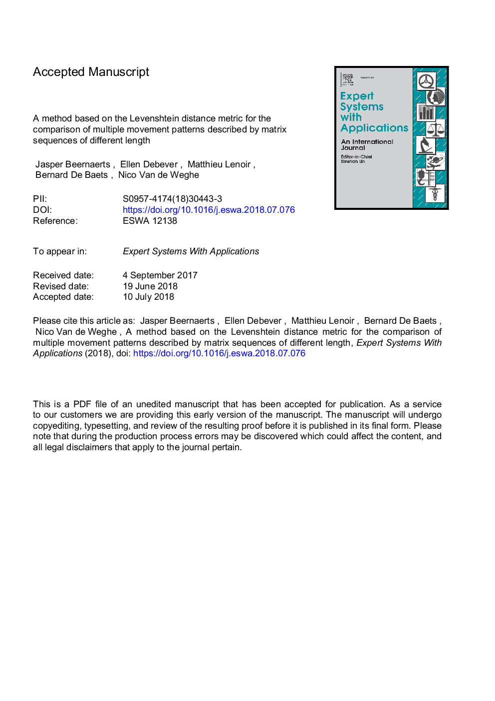 A method based on the Levenshtein distance metric for the comparison of multiple movement patterns described by matrix sequences of different length