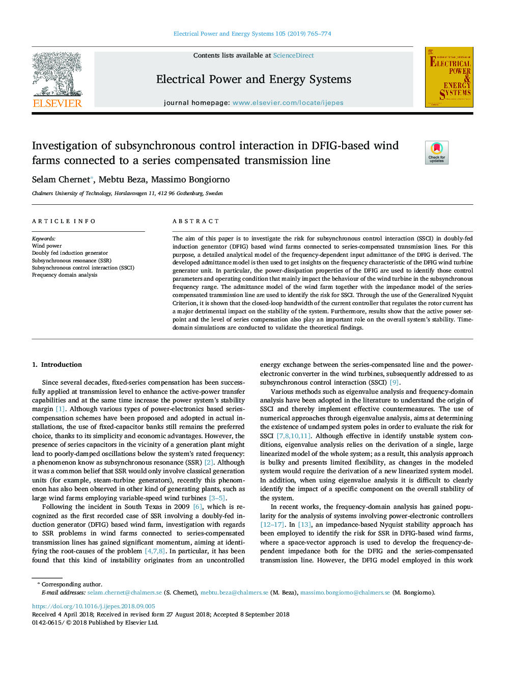 Investigation of subsynchronous control interaction in DFIG-based wind farms connected to a series compensated transmission line