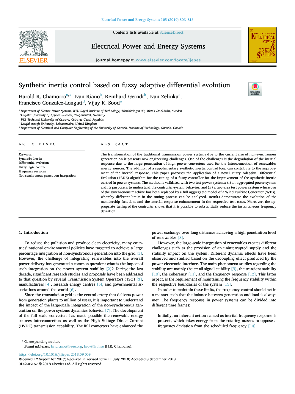 Synthetic inertia control based on fuzzy adaptive differential evolution