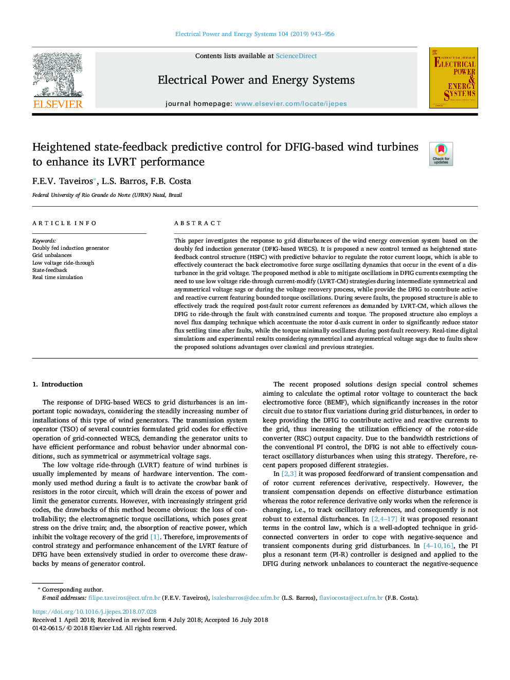 Heightened state-feedback predictive control for DFIG-based wind turbines to enhance its LVRT performance