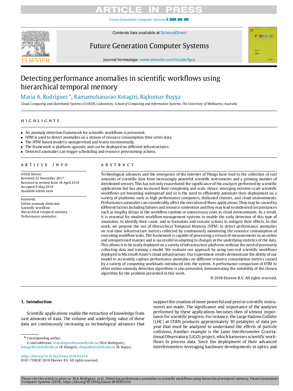 Detecting performance anomalies in scientific workflows using hierarchical temporal memory